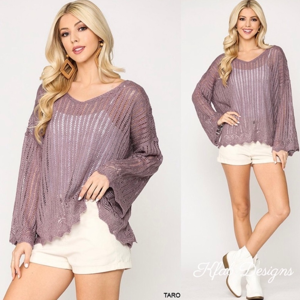 New!Sale🔥 Plum Sheer Sweater Scallop Sleeves - Picture 4 of 5